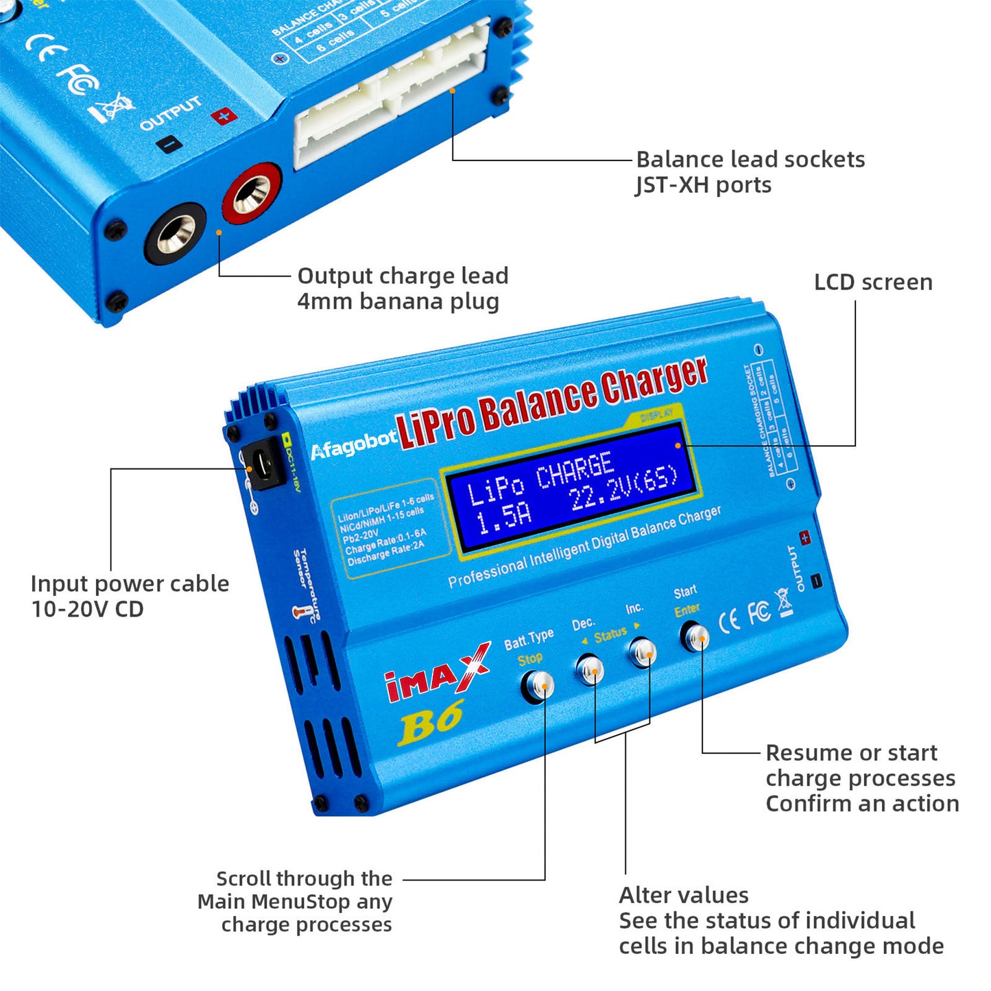 Afagobot B6 Lipo Battery Balance Charger 80W Discharger for NiMH/NiCd (1-15S) LiPo/Li-ion/Life Battery (1-6S) RC Hobby Batteries Balance Charger